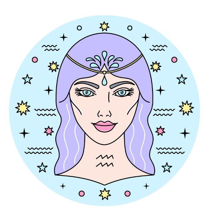 Illustration einer Frau mit lila Haaren, Diadem und Wassermann-Symbol, umgeben von Sternen auf blauem Hintergrund.