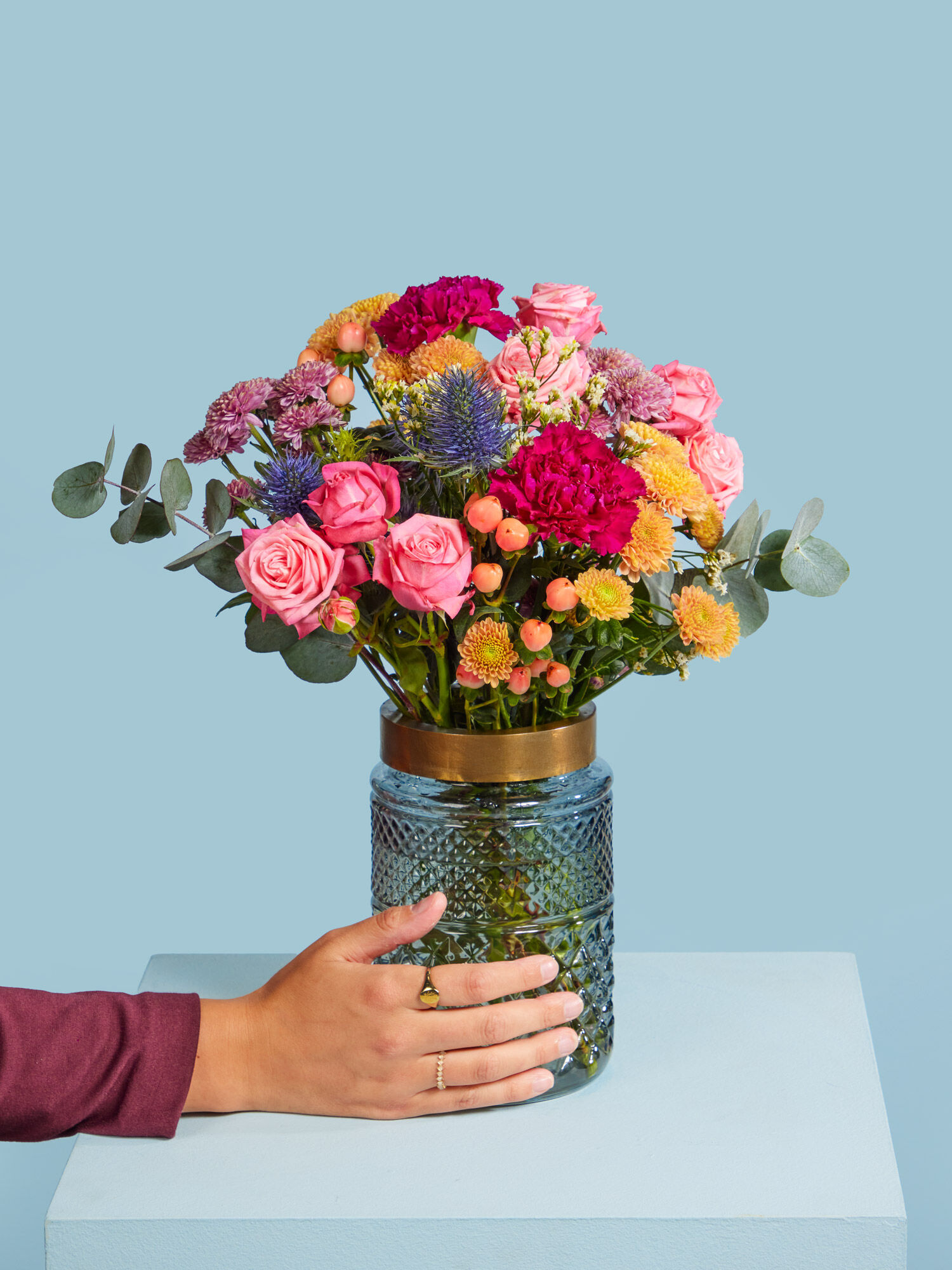 Gute-Laune-Gruß Blume, Blumen-Arrangement, Blumenstrauß, Ring, Krug