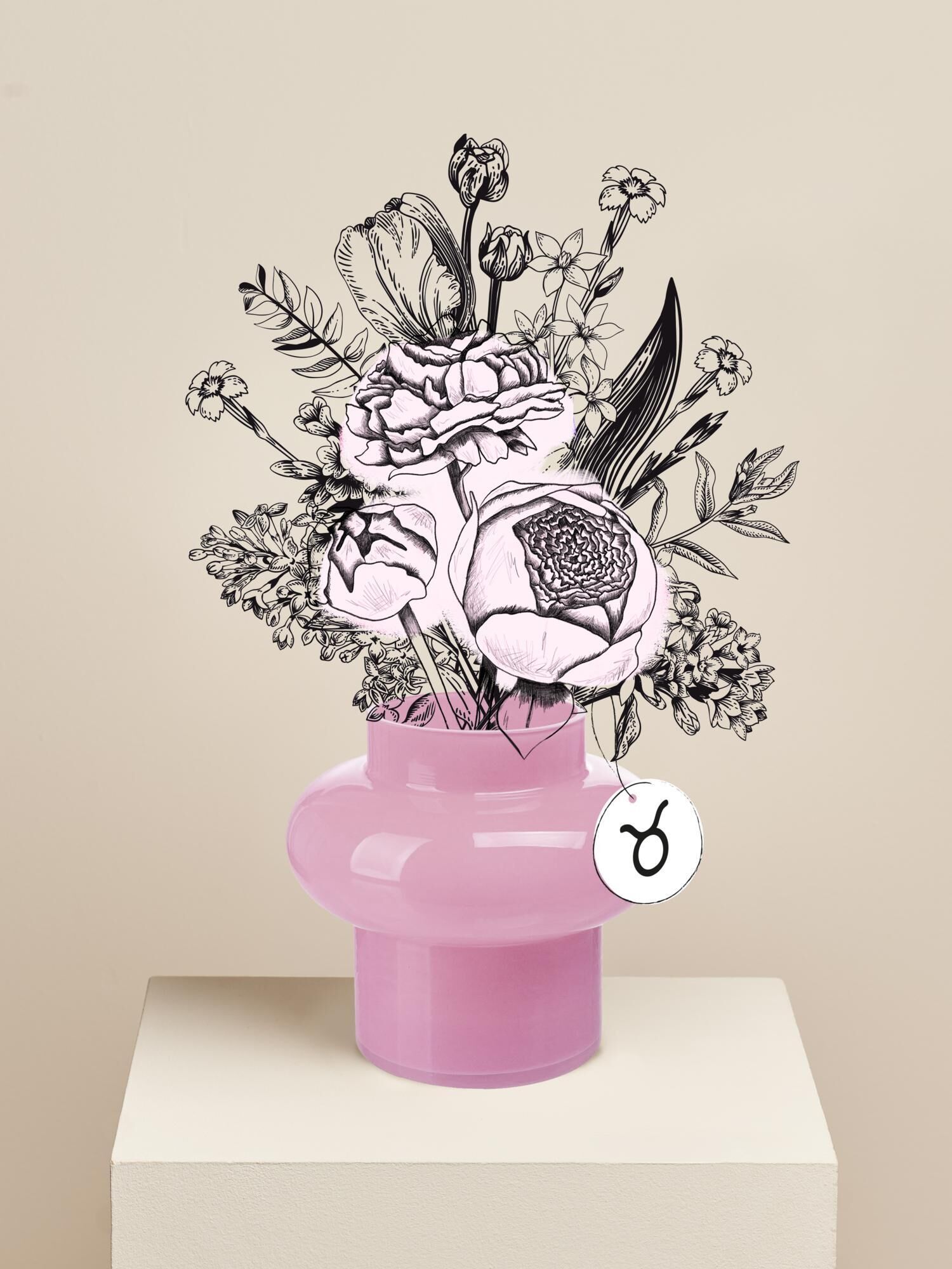 rosa vase, blumengesteck, kunstdruck, wohnaccessoire blumen, niedrige polygonen blumenillustration