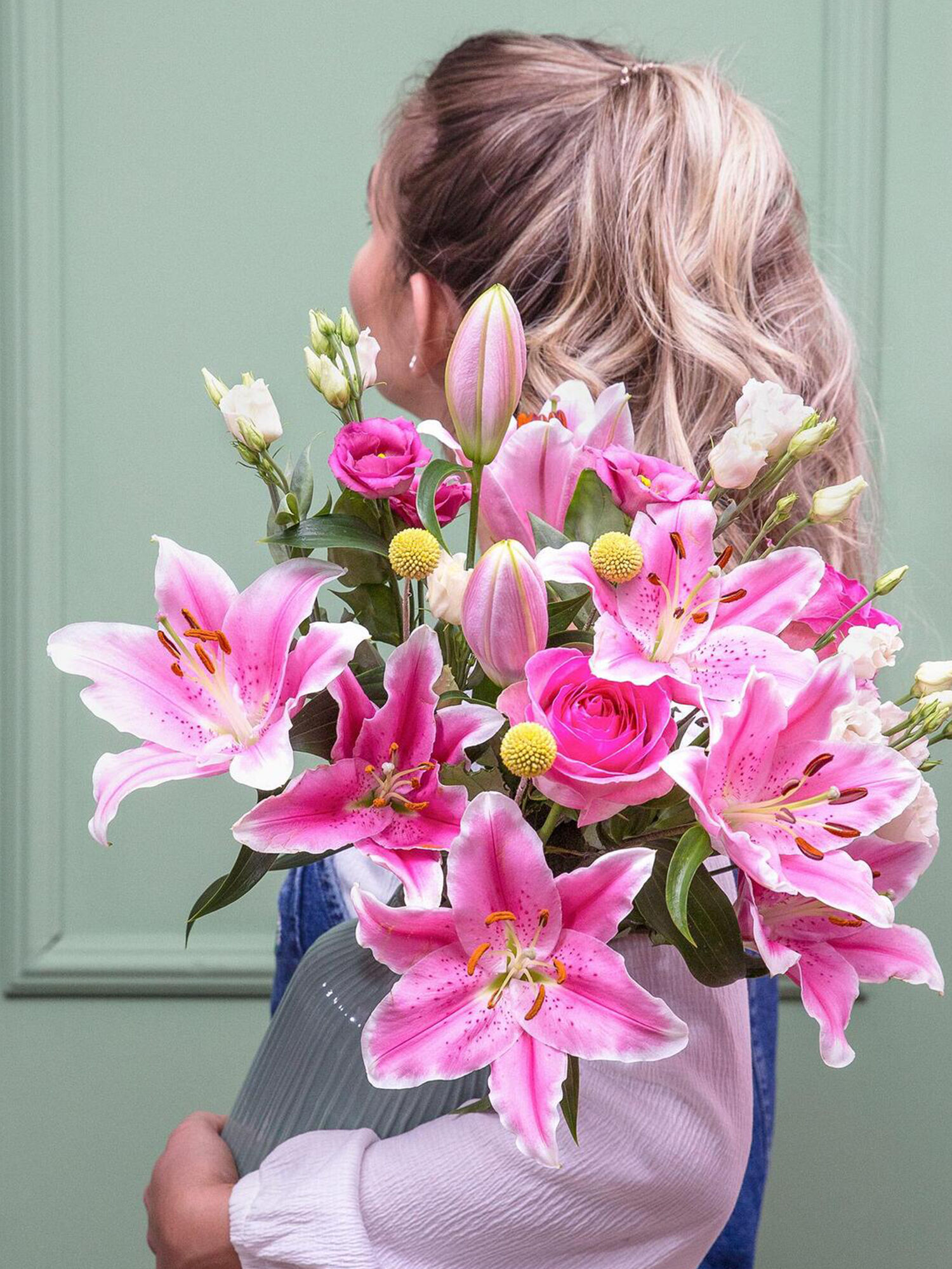 Blumenstrauß, Pinke Lilien, Rose, Blüte, Blumen