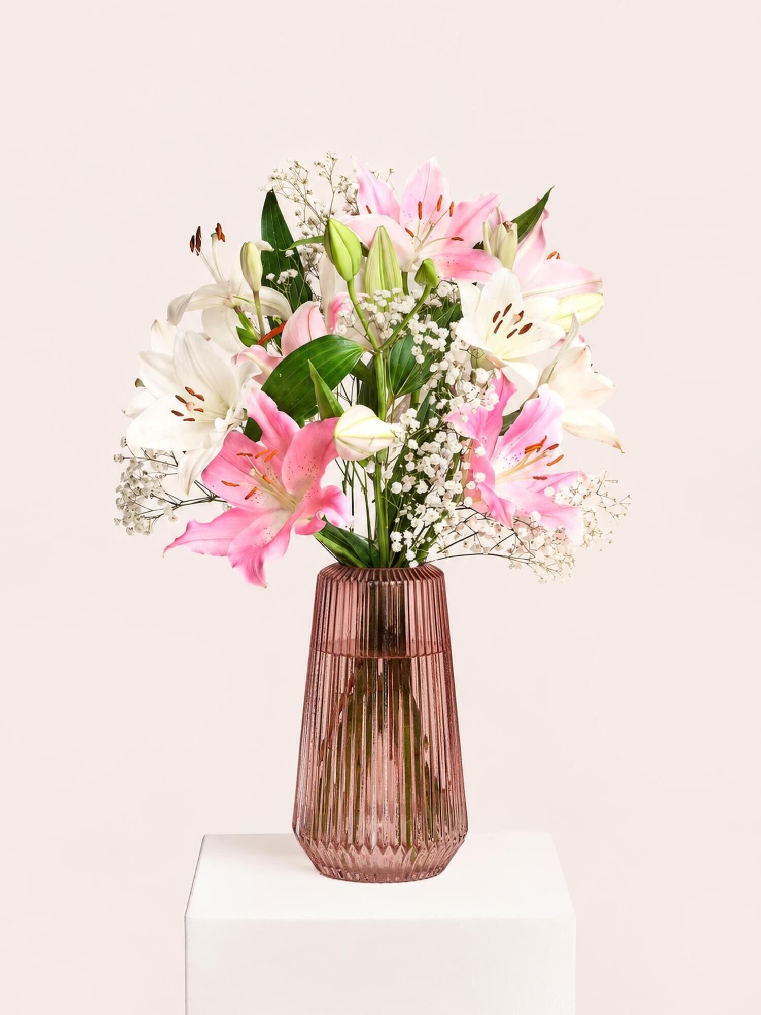 Blumenstrauß, Lilien, Pink Weiß, Glasvase, Wohnkultur