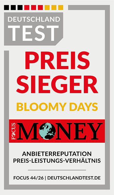 Auszeichnungssiegel, Preissieger, Bloomy Days, rote Schrift, Preis-Leistung