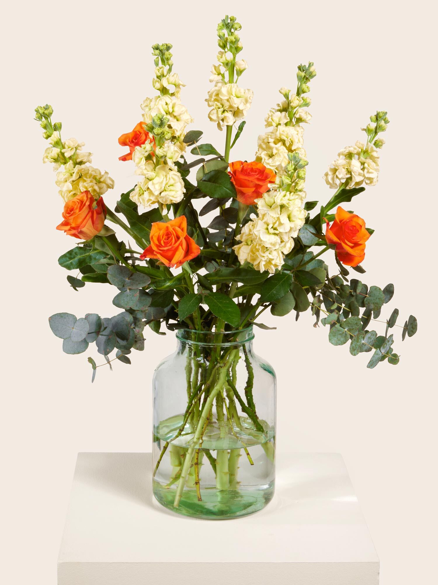 Weiße Levkojen stehen arrangiert mit orangefarbenen Rosen und Eukalyptus arrangiert in einer großen Glasvase 
