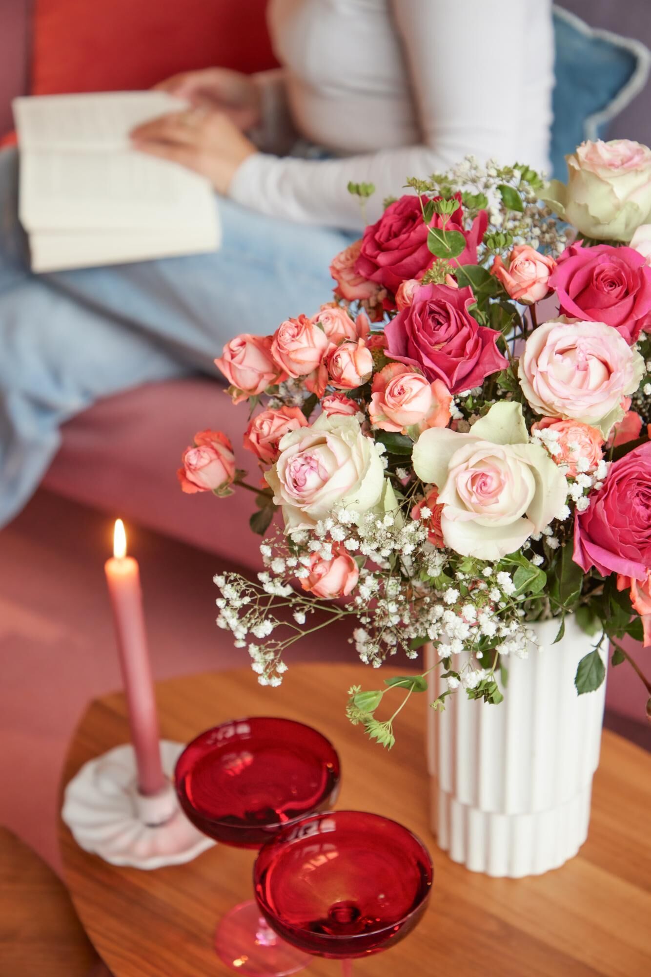 Blume, Blumen-Arrangement, Blumenstrauß, Kerze, Rose