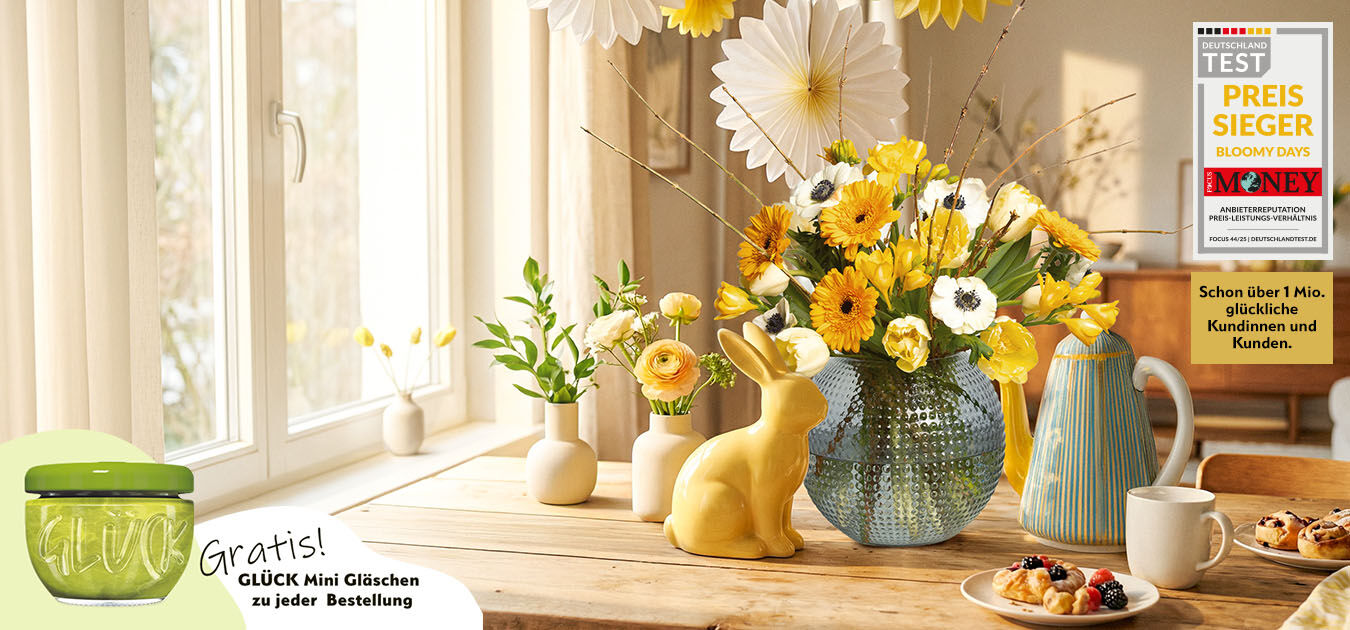 Blumenarrangement, gelbe Blumen, Küchendekoration, Vase, Tischmittet