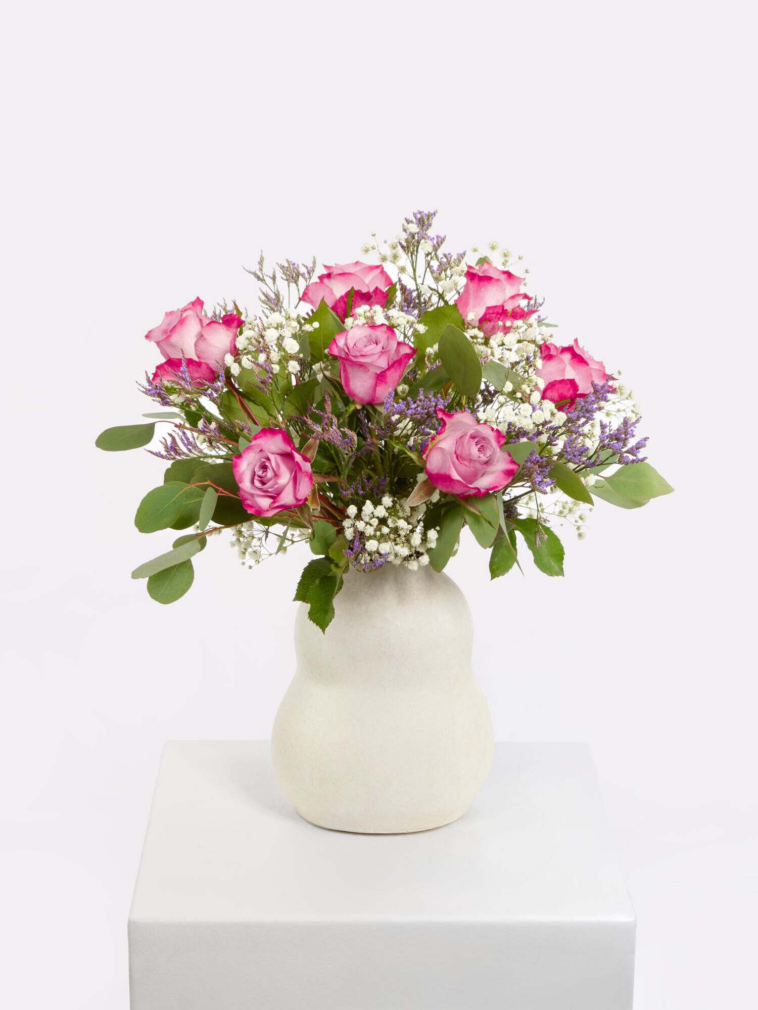 Blumenstrauß, rosa Rosen, Schafgarben?, Grüne Blätter, Vase