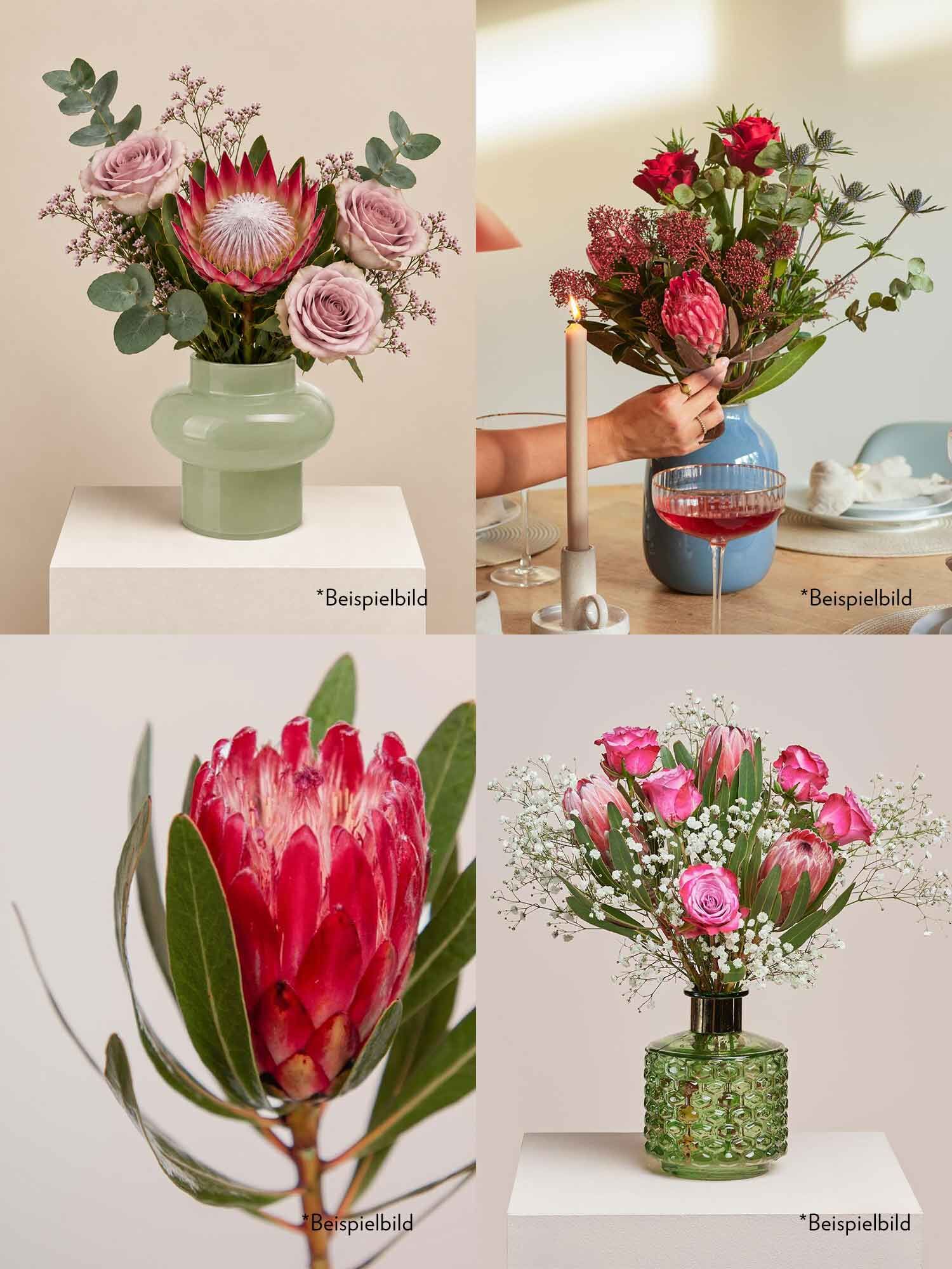 Blumenstrauß, Protea, Rosen pink, grüne Vase, Baby-Breath