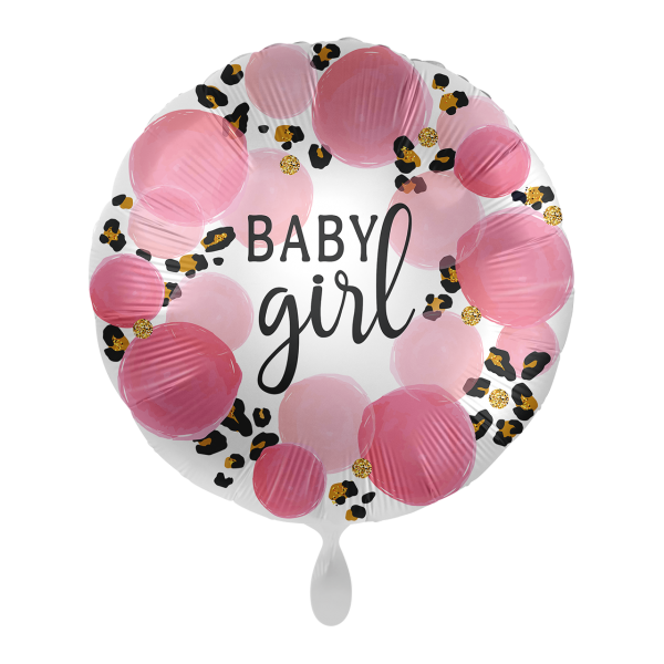 Ballon "Baby Girl" Frontaufnahme eines Luftballons mit rosafarbenen Kreisen und Leopardenmuster, in der Mitte die Worte "Baby Girl"