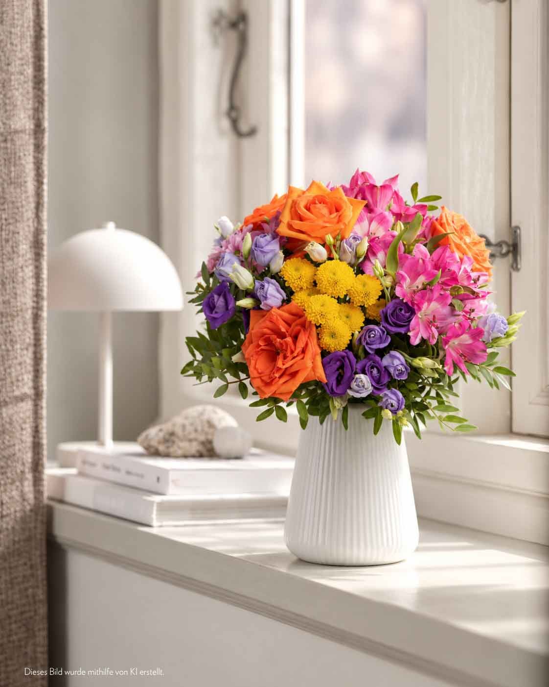 Blumenstrauß, Vase, Wohndeko, helle Farben, frische Blumen