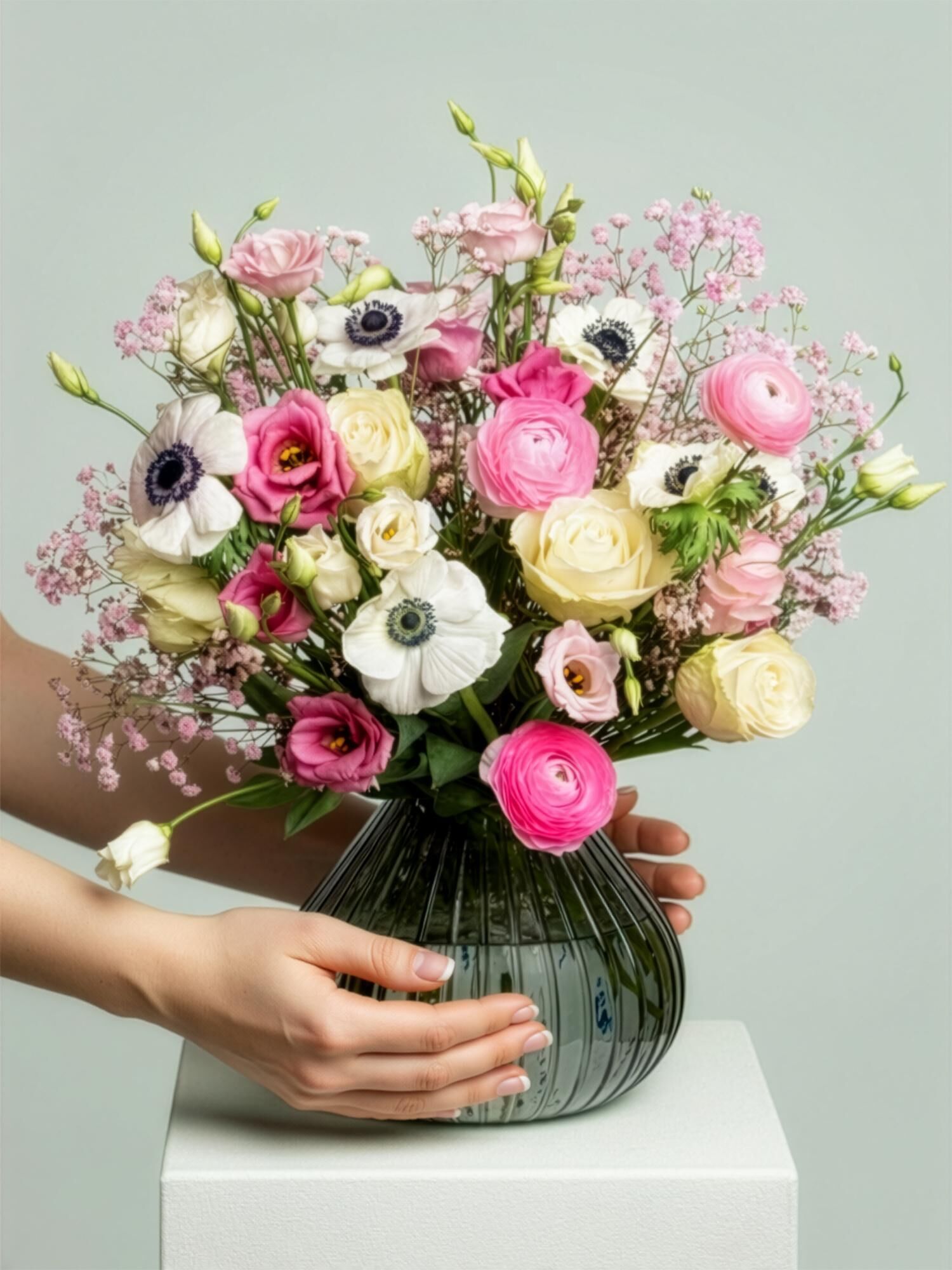 Blumenstrauß, Anemone, Rose, Pinkweiß, Glasvase