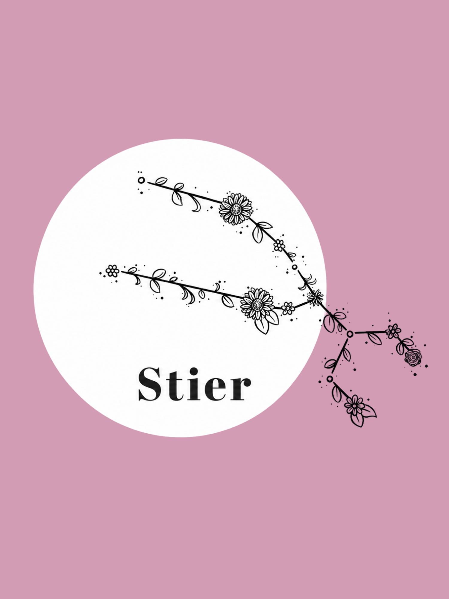 blumiges design, Weinrankenmuster, Kreis-Motiv, schwarze Illustration, Stier