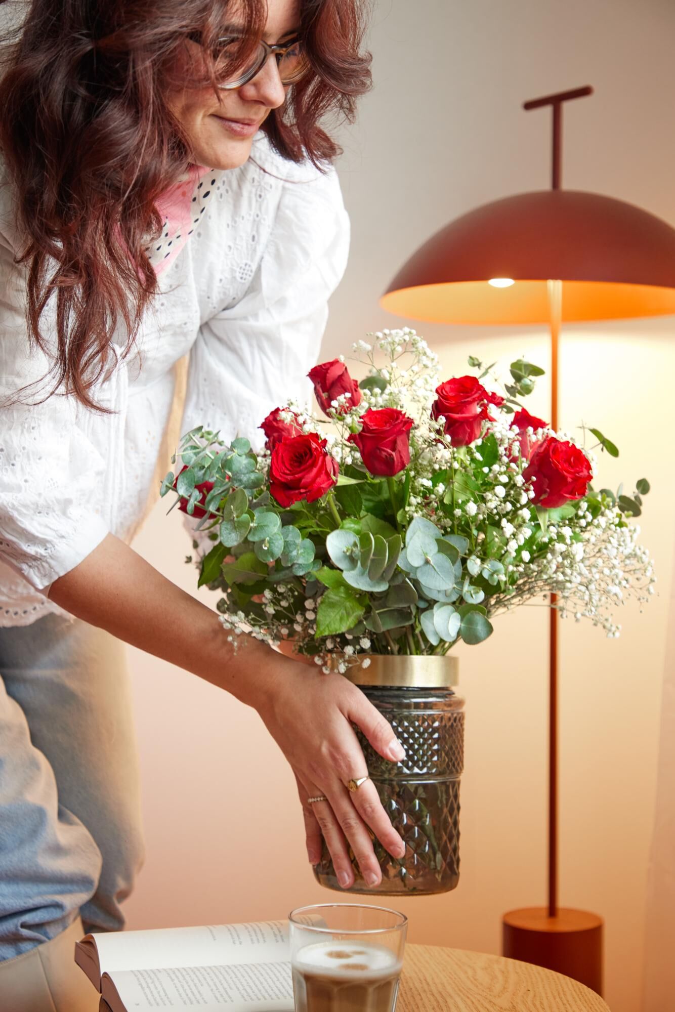 blumen, rosen bouquet, brille, hände, vase