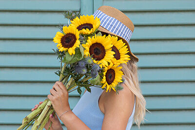 sonnenblumen, Blumenstrauß, gelb, Hut, blondes