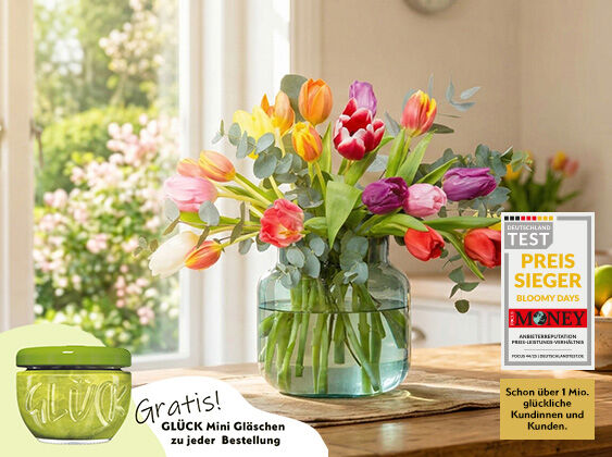 Tulpen, Blumenstrauß, Glasvase, Tischdeko, Geschenkaktion