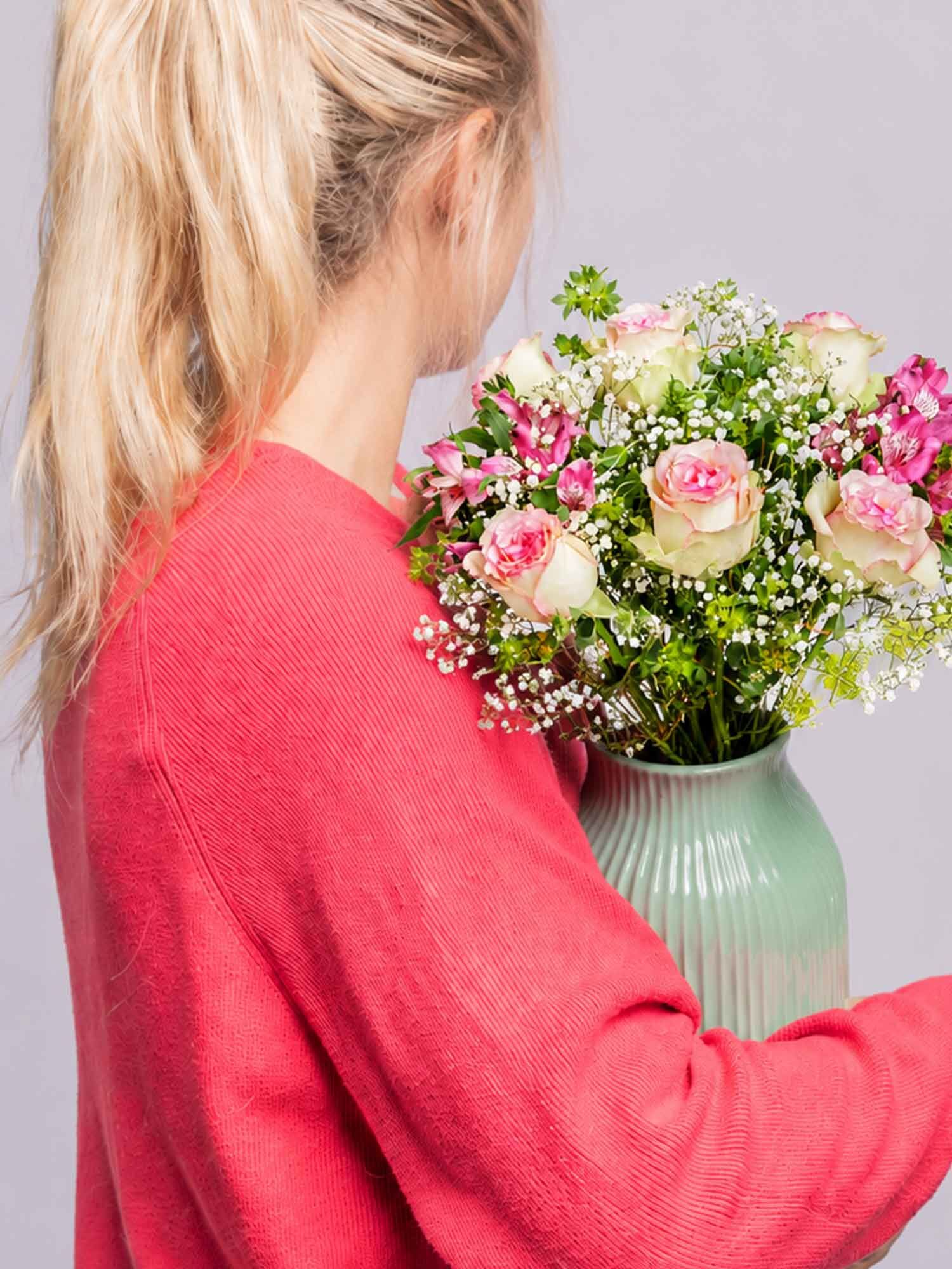 blumen, Bouquet, Rosen, Spitze, grüne Vase