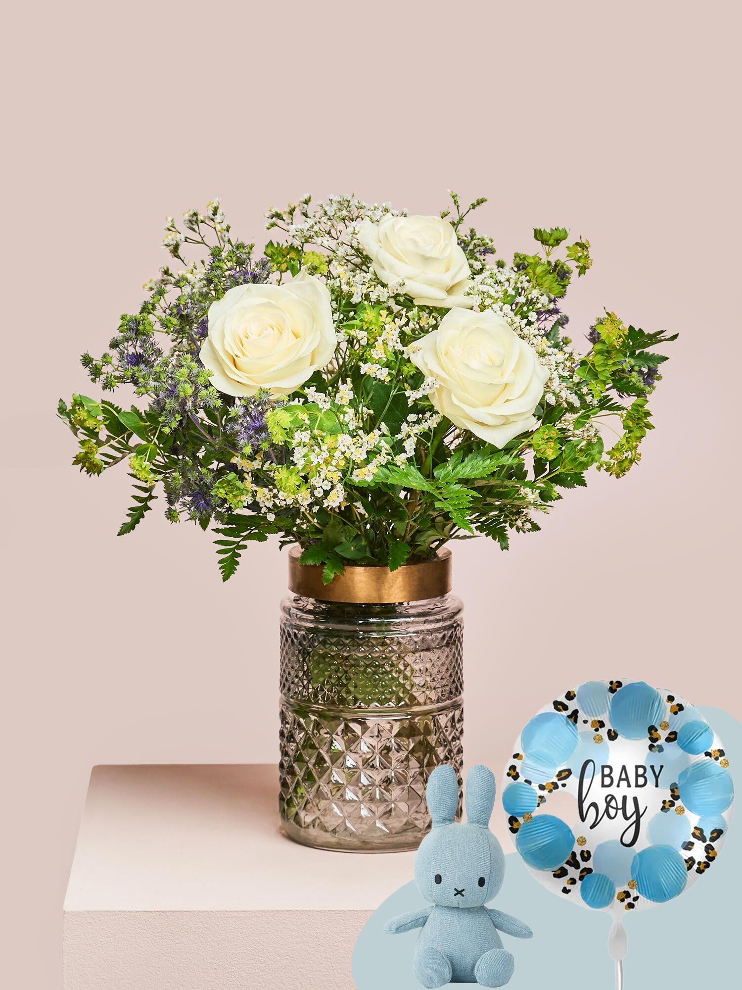 Hello Baby Boy Blume, Blumen-Arrangement, Rose, Krug, Blumenstrauß