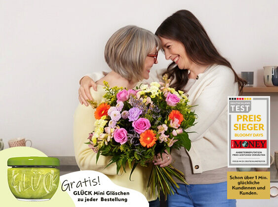 Blumenstrauß, Blumen, Blüten, Glasbehälter, Geschenk