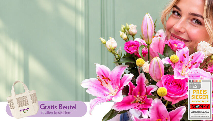 Blumen, Blumenstrauß, Pinke Lilien, Rosen, Blumenstrauß mit Stielen