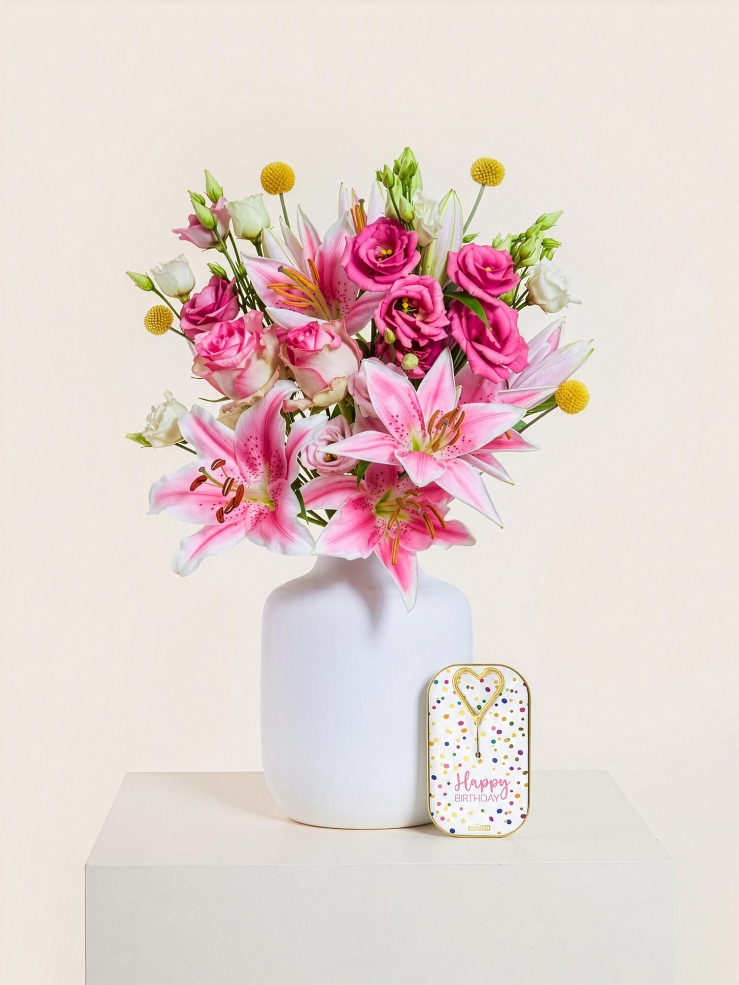 blumenstrauß, pink-lilien, pinke rosen, weiße vase, geburtstag karte