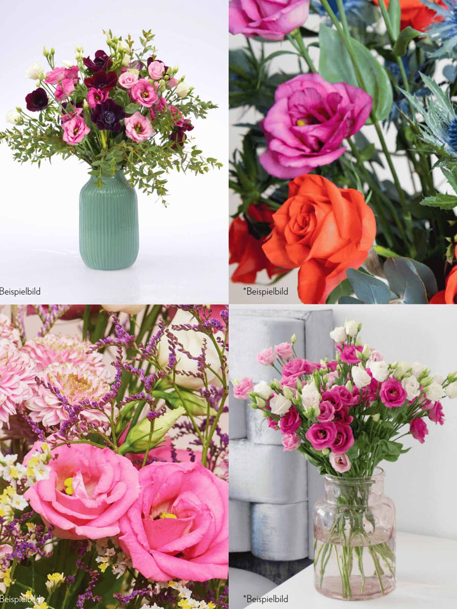 gemischter Strauß, rosa Rosen, weiße Lisianthus, grünes Blattwerk, Glasvase