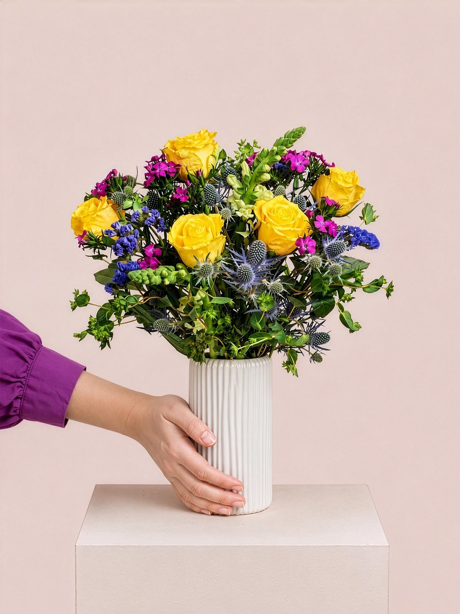 Blumenstrauß, Rosen, Baby-Breath, Pinker Weißer Strauß, Vase, blumen,  bouquet,  vase,  gelb,  pink-violett