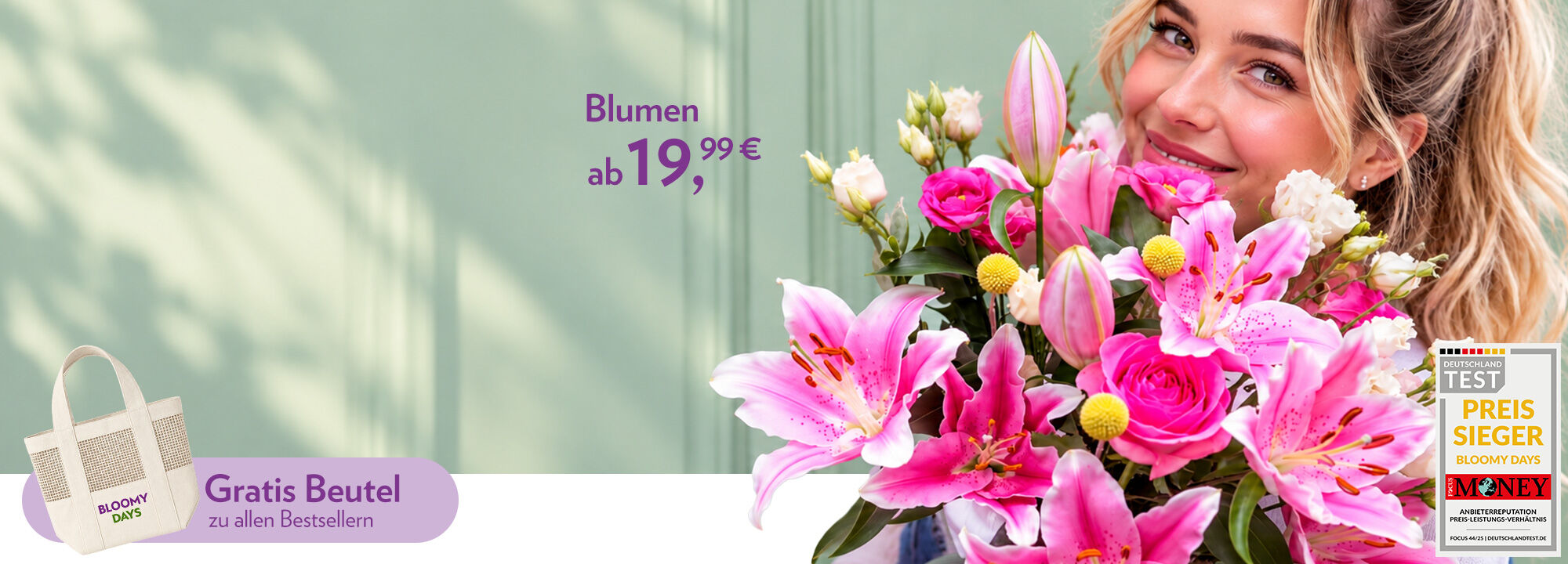 blumenstrauß, pinke lilien, gelbe kugelblumen, grüne stiele, frau mit blumen