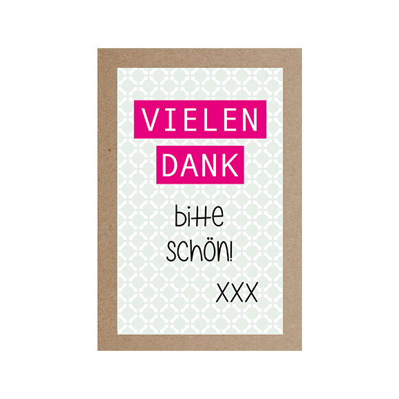 Karte "Vielen Dank, Bitteschön" Frontansicht einer hellen Grußkarte mit braunem Rahmen und den Worten "Vielen Dank, Bitteschön!"