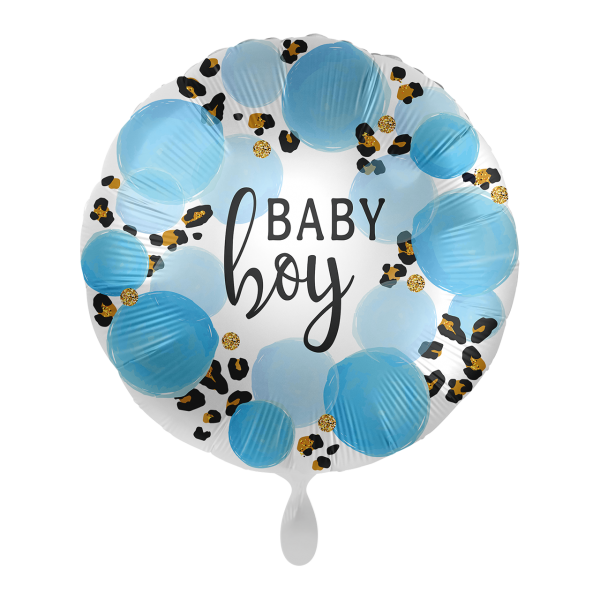 Frontaufnahme eines Luftballons mit blauen Kreisen und Leopardenmuster, in der Mitte die Worte "Baby Boy"