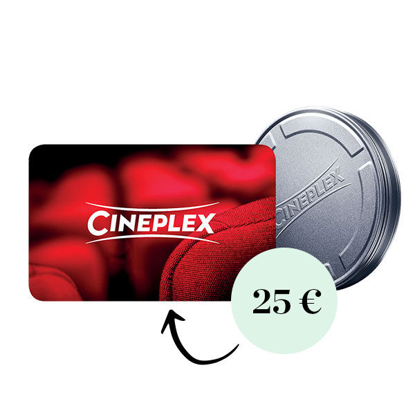 Frontansicht eines roten Kinogutscheins von Cineplex, neben einer Filmrollendose und einem türkisfarbenen Störer, in dem 25€ steht