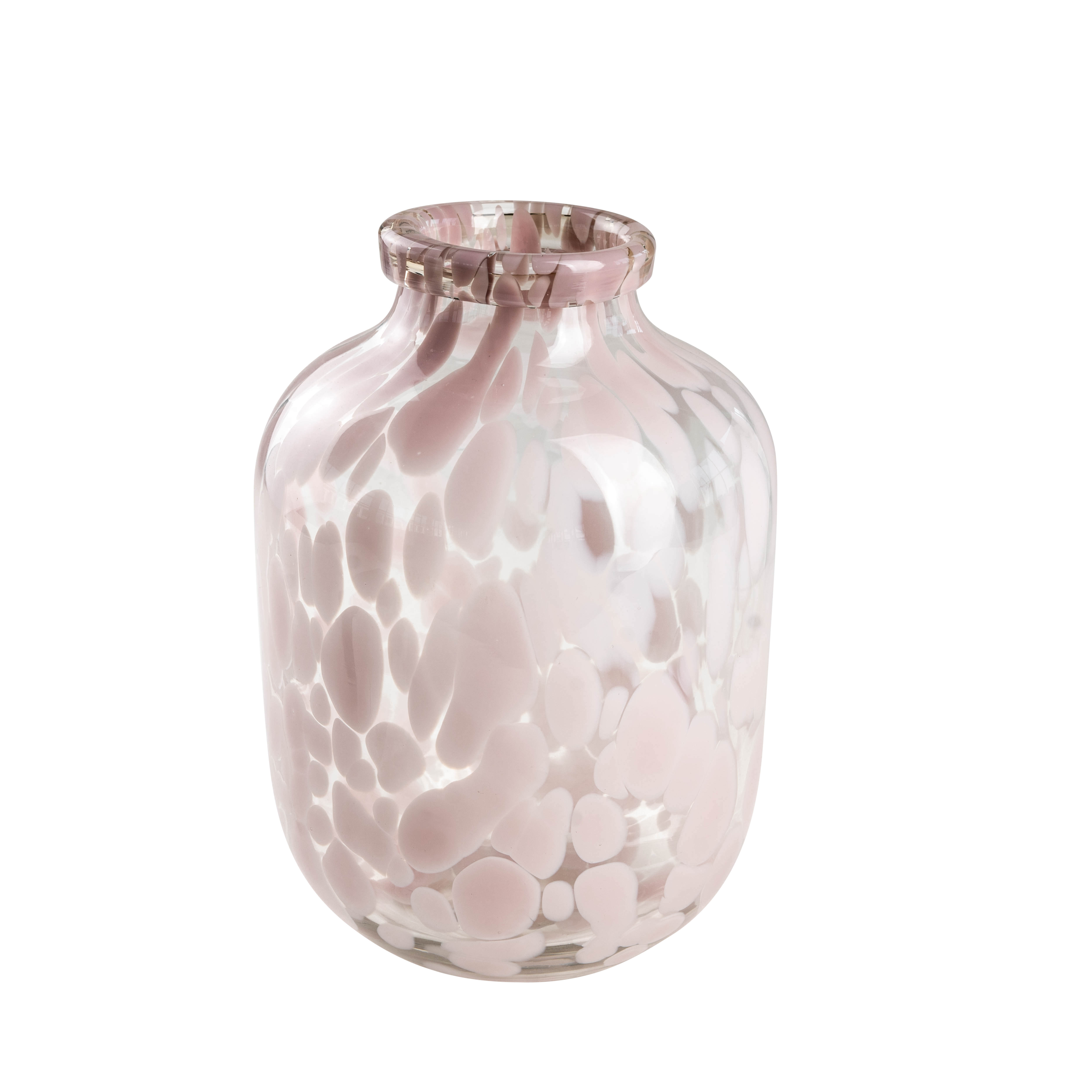 Vase "Happy Patchy" Frontansicht einer Glasvase mit rosafarbenen Flecken