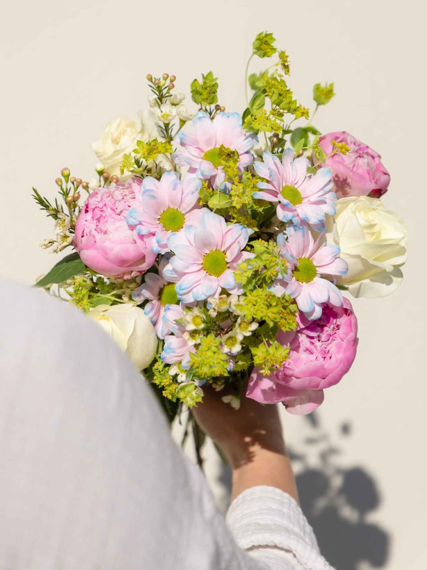 Blumen, Blumenstrauß, Rosa, Weiß, Gänseblümchen, Pfingstrose, Grünzeug