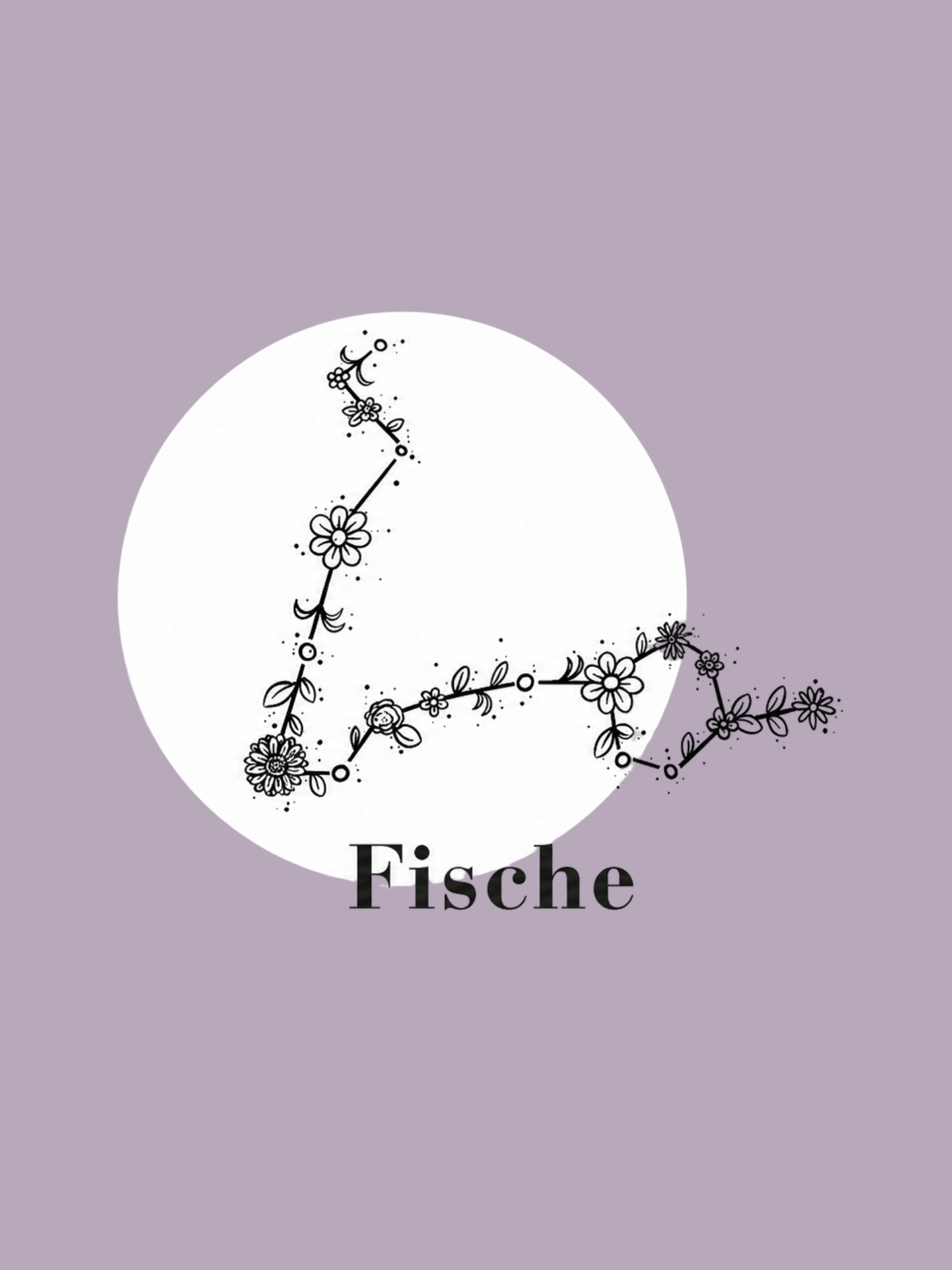 Blumenschnur, schwarze Umrisse, Kreismotiv, Fische Text, lila Hintergrund