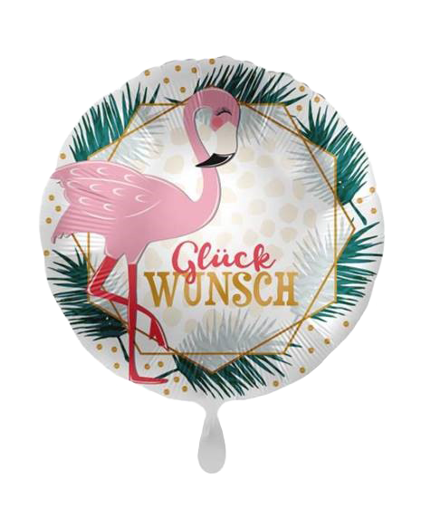 Ballon "Glückwunsch" Frontansicht eines Luftballons mit einem rosafarbenen Flamingos und den Worten "Glückwunsch", umrahmt von grünen Zweigen