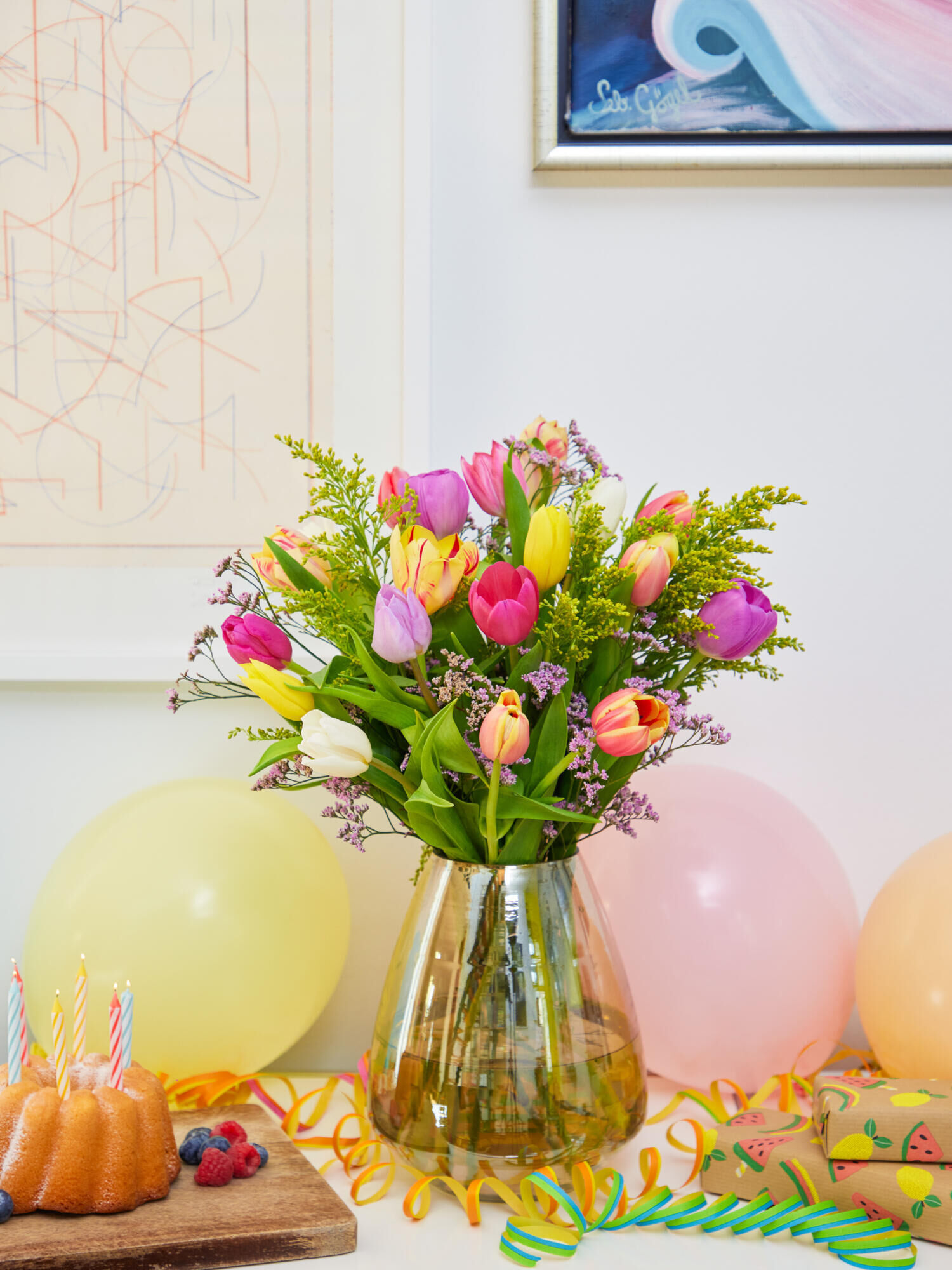 Tulpen, Blumenstrauß, Blumen, Vase, Geburtstagsfeier