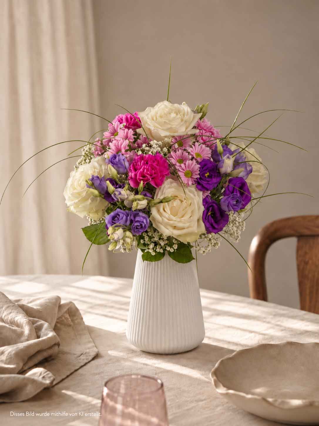 Blumenstrauß, weiße Vase, Tafelzentrum, Blumenarrangement, Pastellfarben