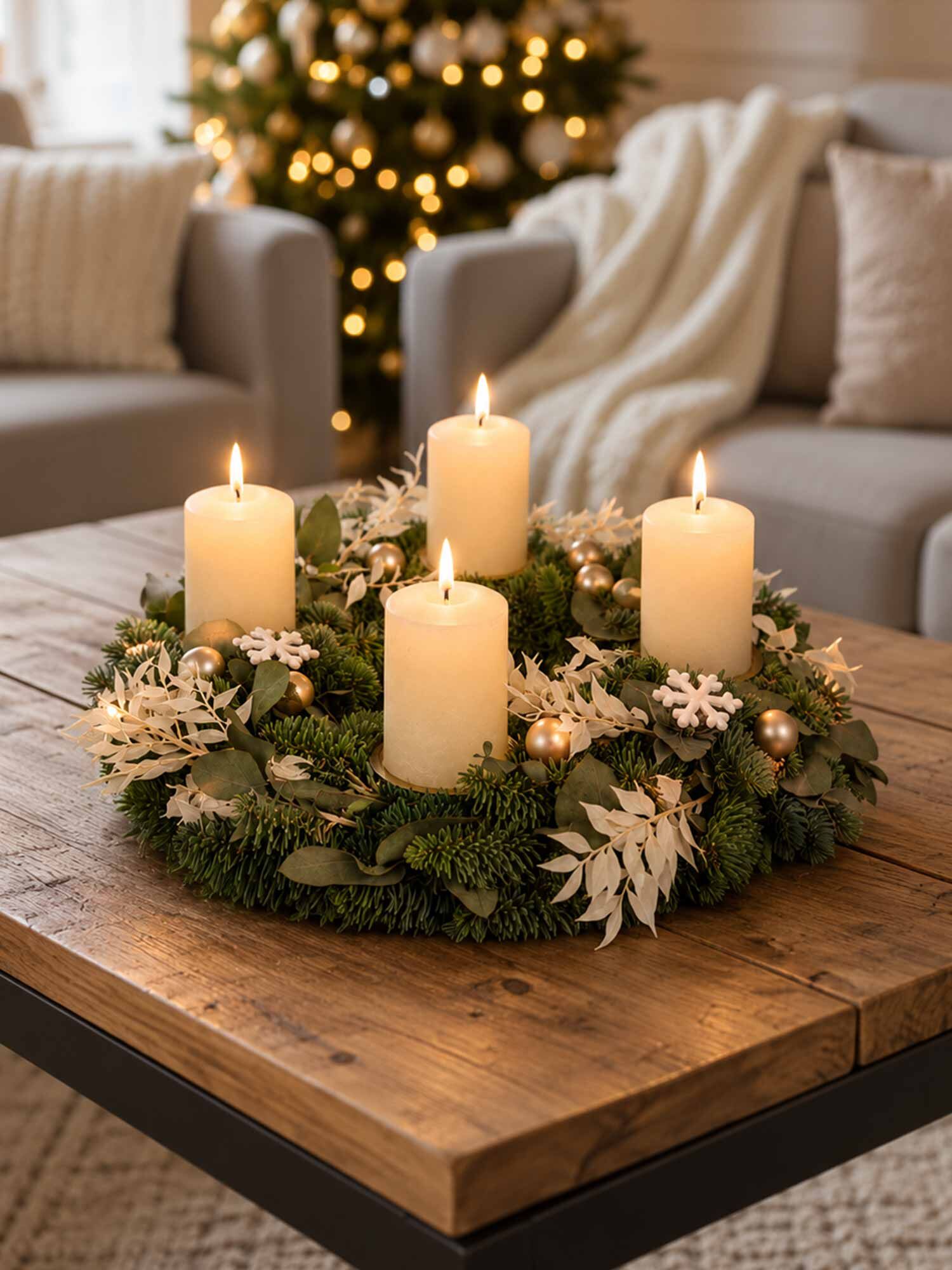 Adventskranz, vier Kerzen, Tannengrün, goldene Kugeln, Schneeflocken-Dekoration