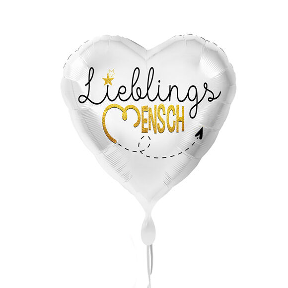Ballon Lieblingsmensch Frontansicht eines weißen Luftballons in Herzform, auf dem "Lieblingsmensch" steht