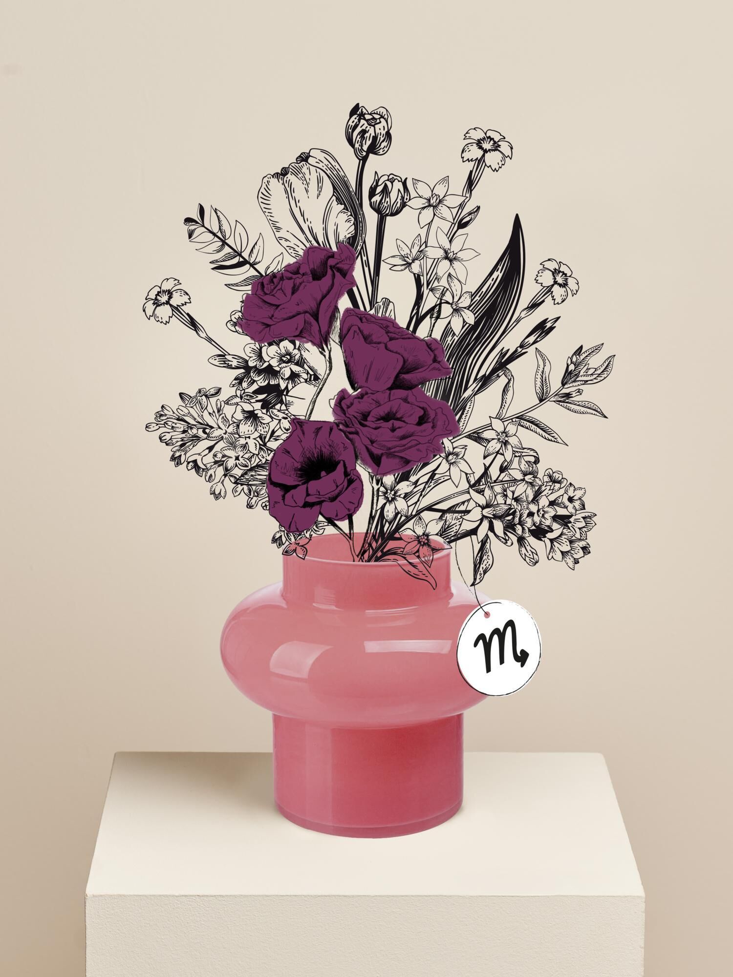vase, Blumenarrangement, rosa Vase, lila/blauviolette Blüten, botanische Kunst
