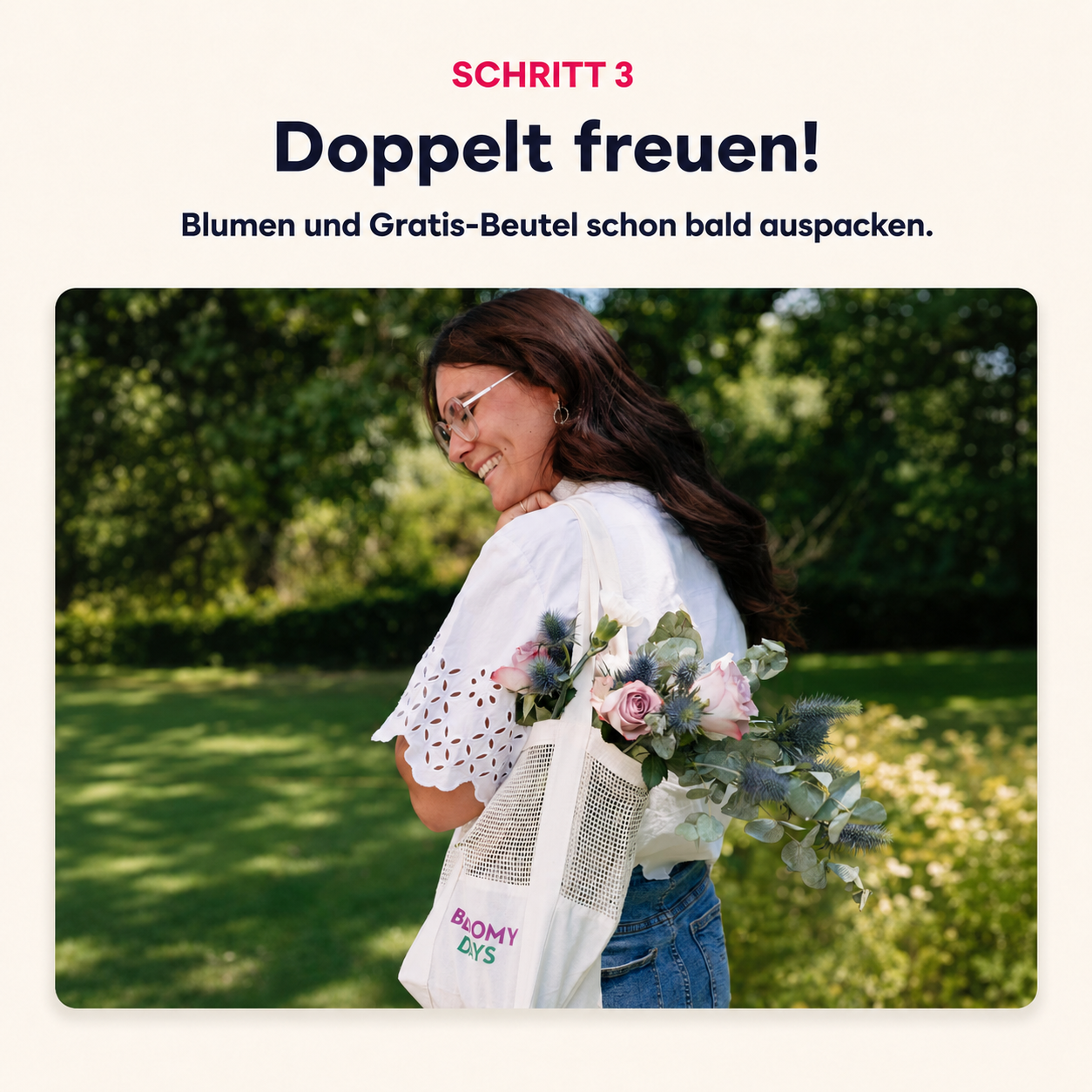 Tasche, Blumen, Blumenstrauß, weißes Hemd/Bluse, Brille
