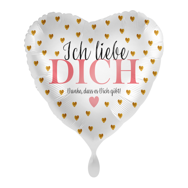 Frontansicht eines weißen, mit kleinen, goldenen Herzen bedruckter Luftballons in Herzform, auf dem die Worte "Ich liebe Dich, Danke dass es Dich gibt" steht