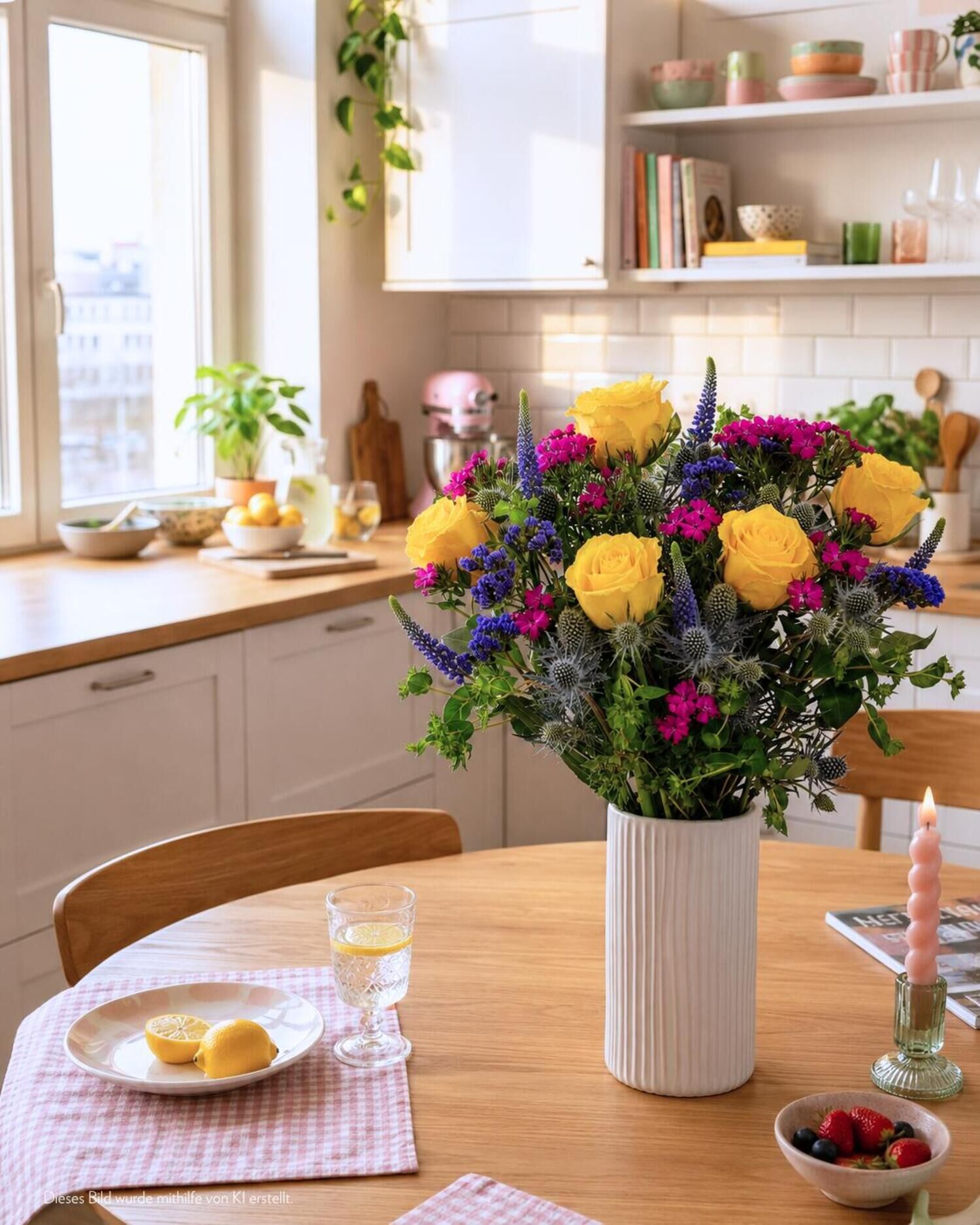 Blumenstrauß, gelbe Rosen, Tafelmittelpunkt, Küchen-Dekoration, Blumen