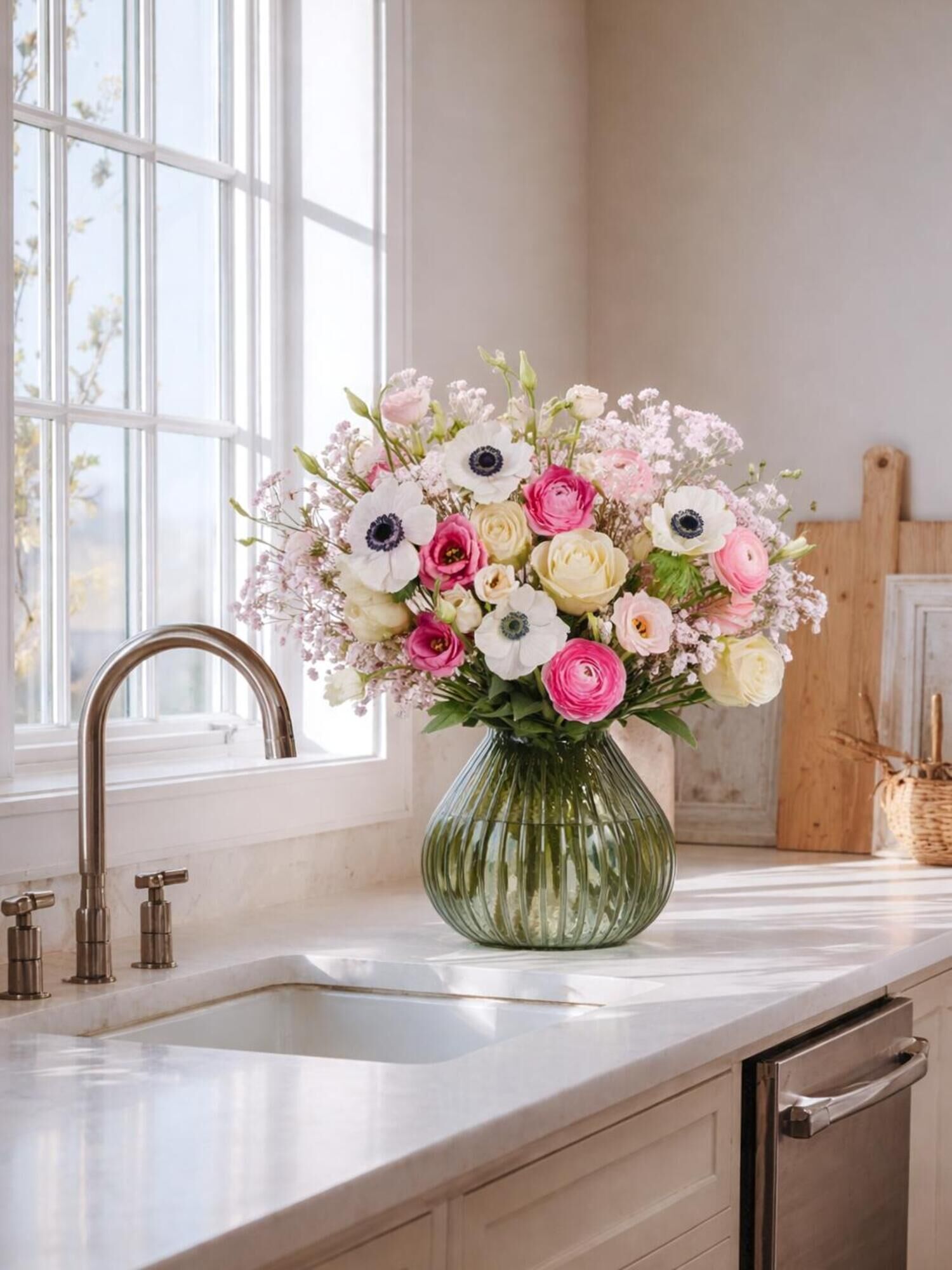 Blumenarrangement, Rosenstrauß, Anemonenblumen, Glasvase, Küchen-Dekoration