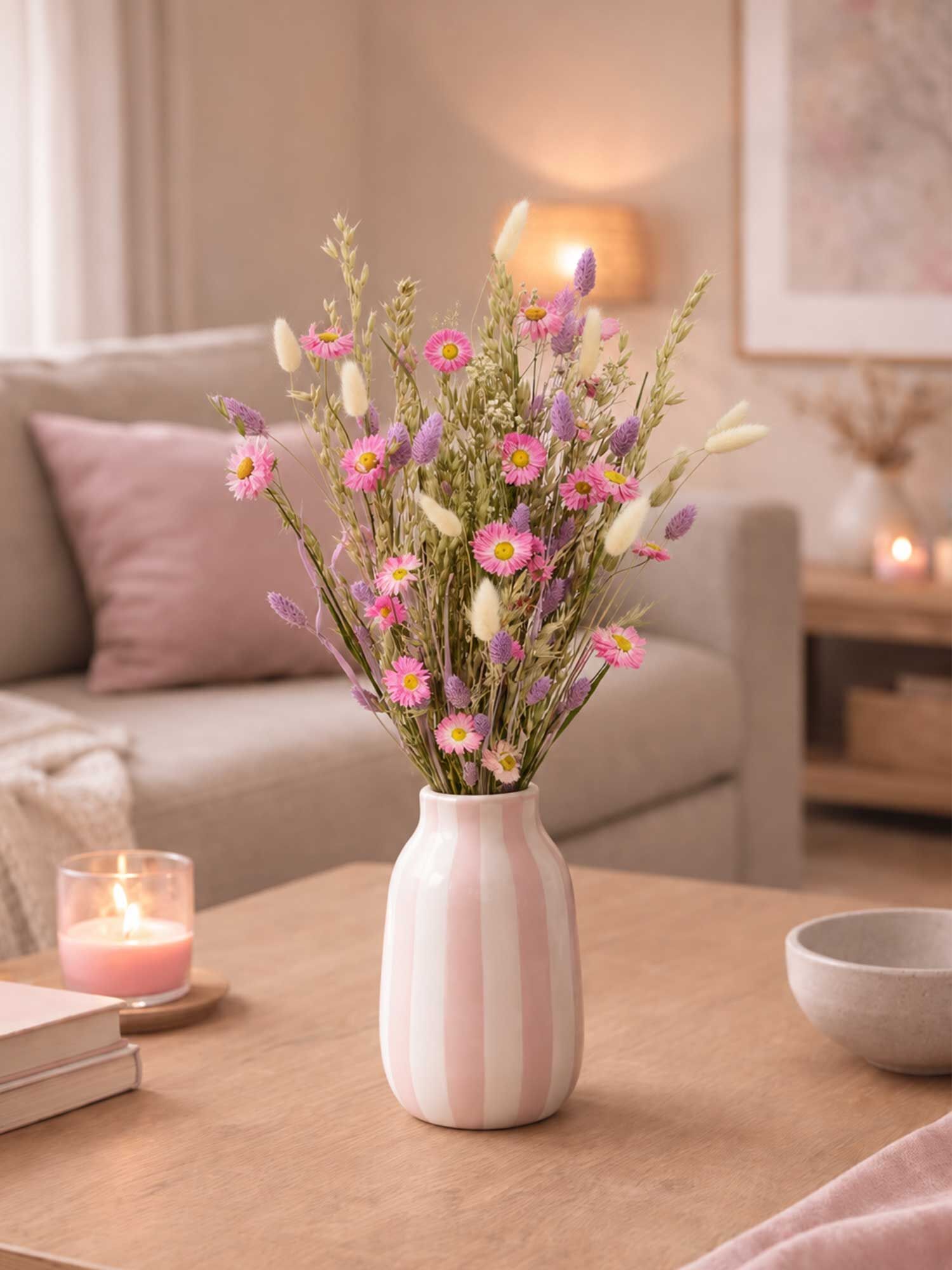 Blumenarrangement, Vase, rosa Blumen, sanfte Dekoration, Wohnakzent