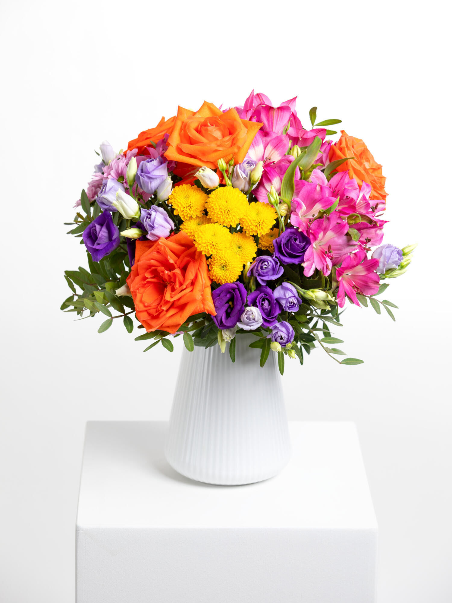 Blumenstrauß, Vase, Orangerose, Lila Lisianthus, Gelbe Chrysanten