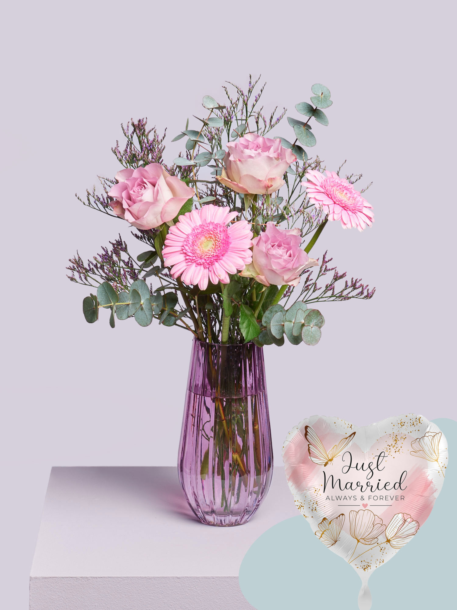 Just married Blume, Blumen-Arrangement, Blumenstrauß, Töpferei, Glas
