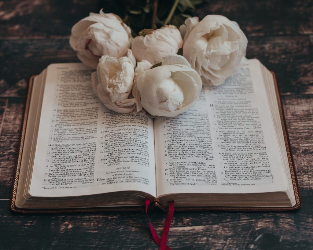 Bibel mit Pfingstrosen