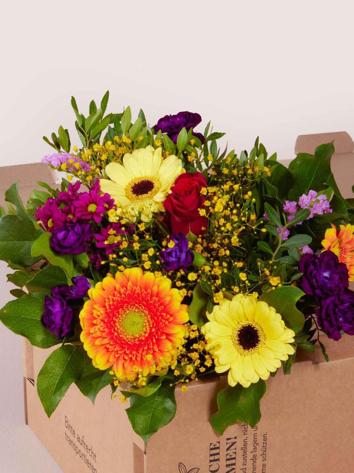 Blumenstrauß, Gänseblümchen?, Gelbe Blüte, Lila Blüten, Kartonbox