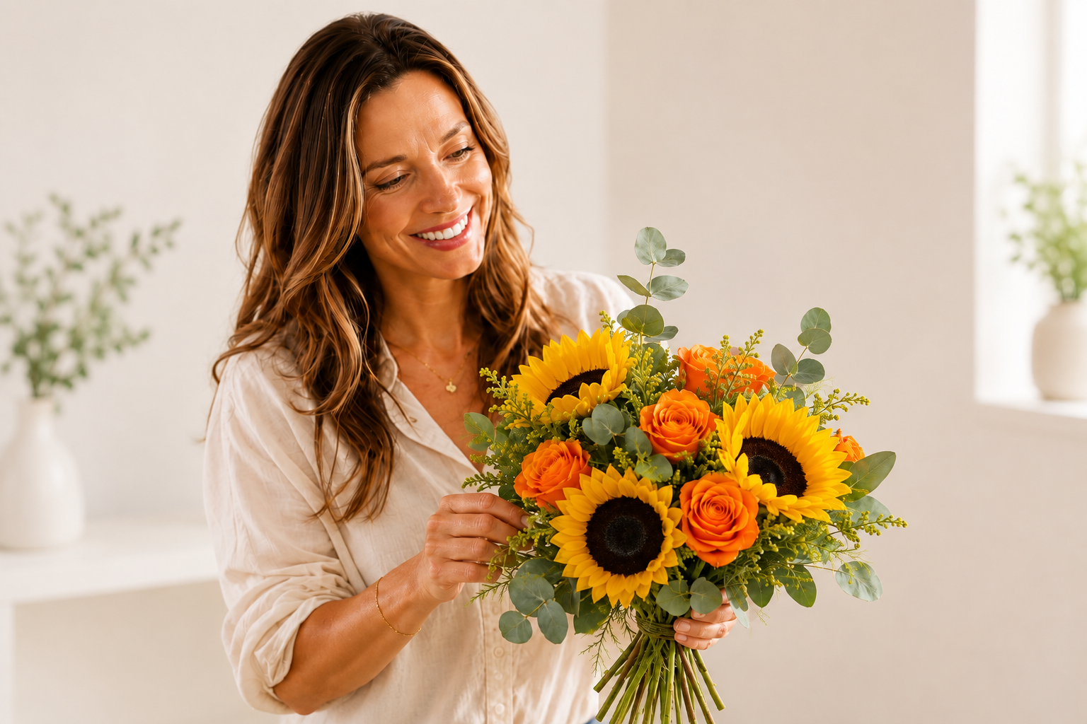 Blumenstrauß, Sonnenblumen, Orange Rosen, Grünwerk, Handstrauß