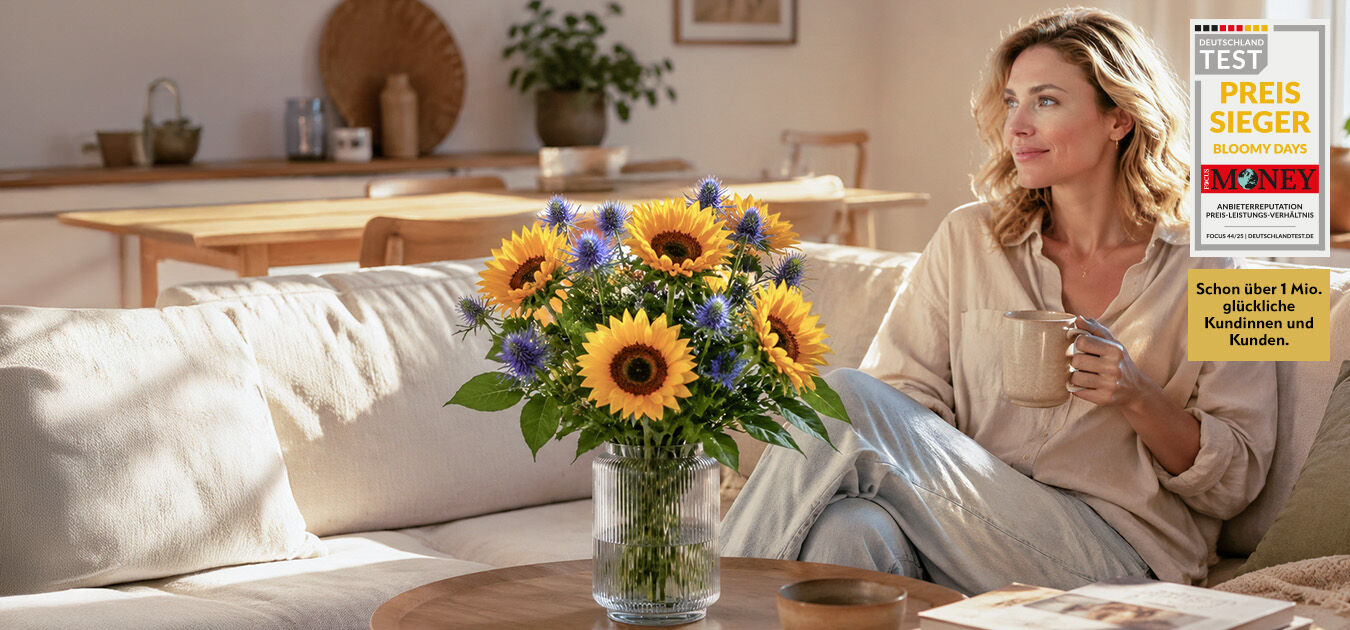 Sonnenblumen, Blumenarrangement, Glasvase, Wohnzimmer, Sofa