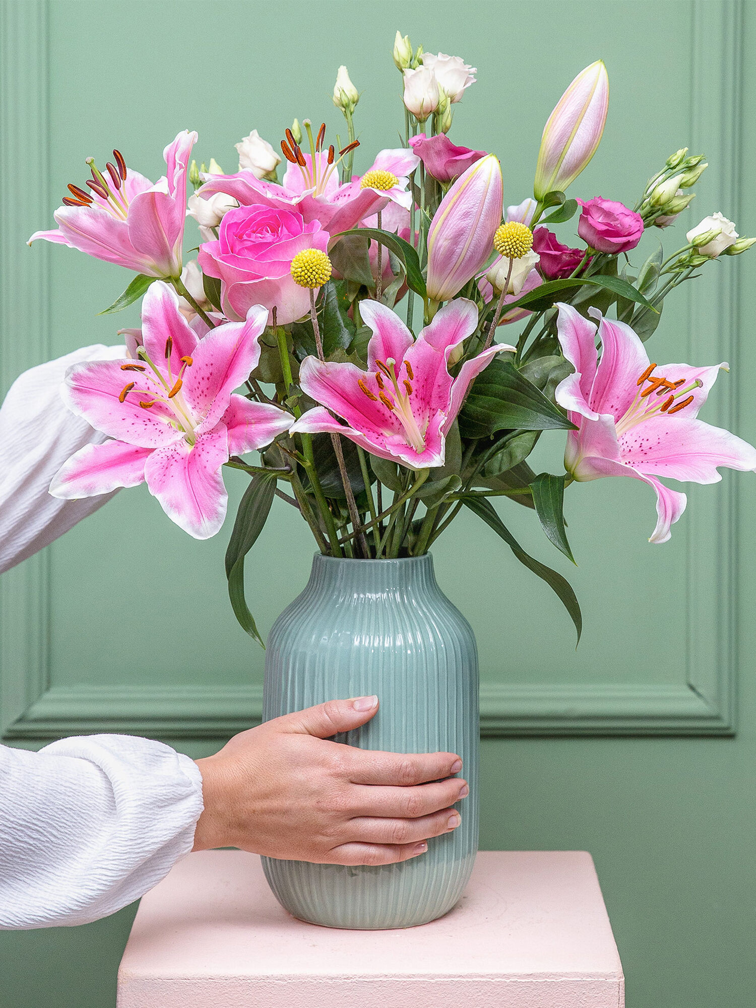Blume, Bouquet, Rosa-Lilien, Vase, grüner Hintergrund